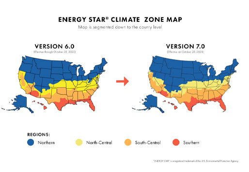 A graphic showing the ENERGY STAR® climate zone map for Version 6.0 on the left and the updated map for Version 7.0 on the right.
