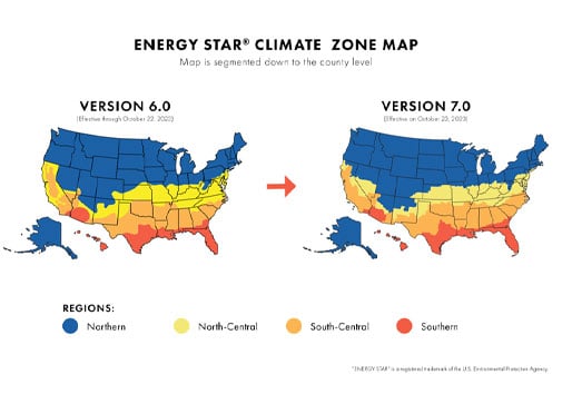A graphic showing the ENERGY STARĀ® climate zone map for Version 6.0 on the left and the updated map for Version 7.0 on the right.